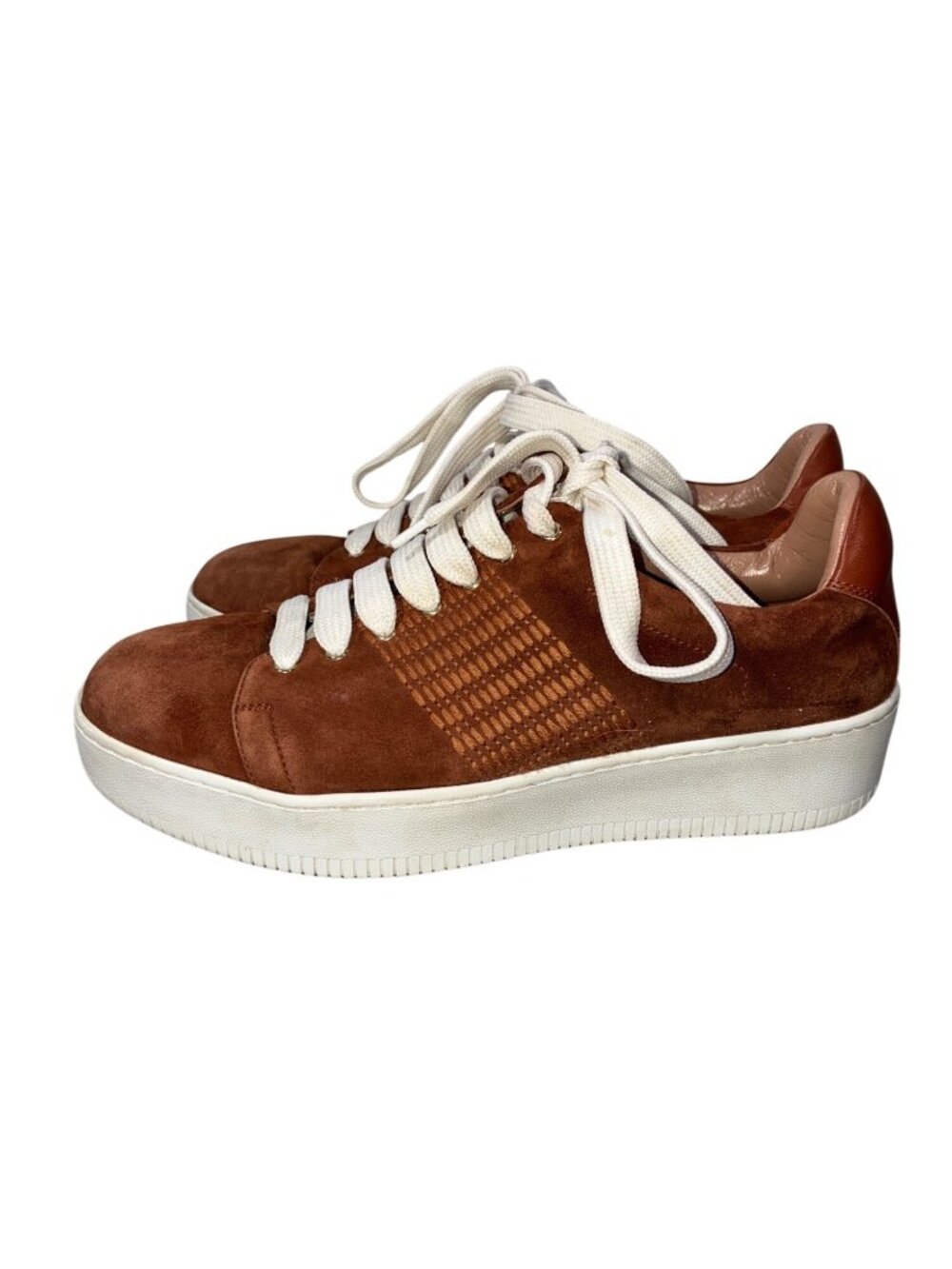 Agnona stitch detail Brown Suede Sneakers luxury White Laces Size 38 Made In Ita